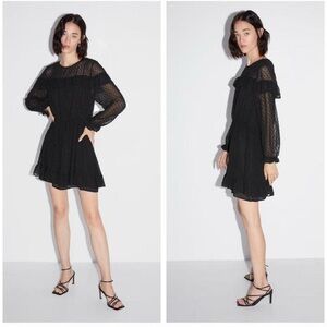 NWT  Zara dress black Swiss dot sheer mesh ruffles long sleeves SIZE SMALL